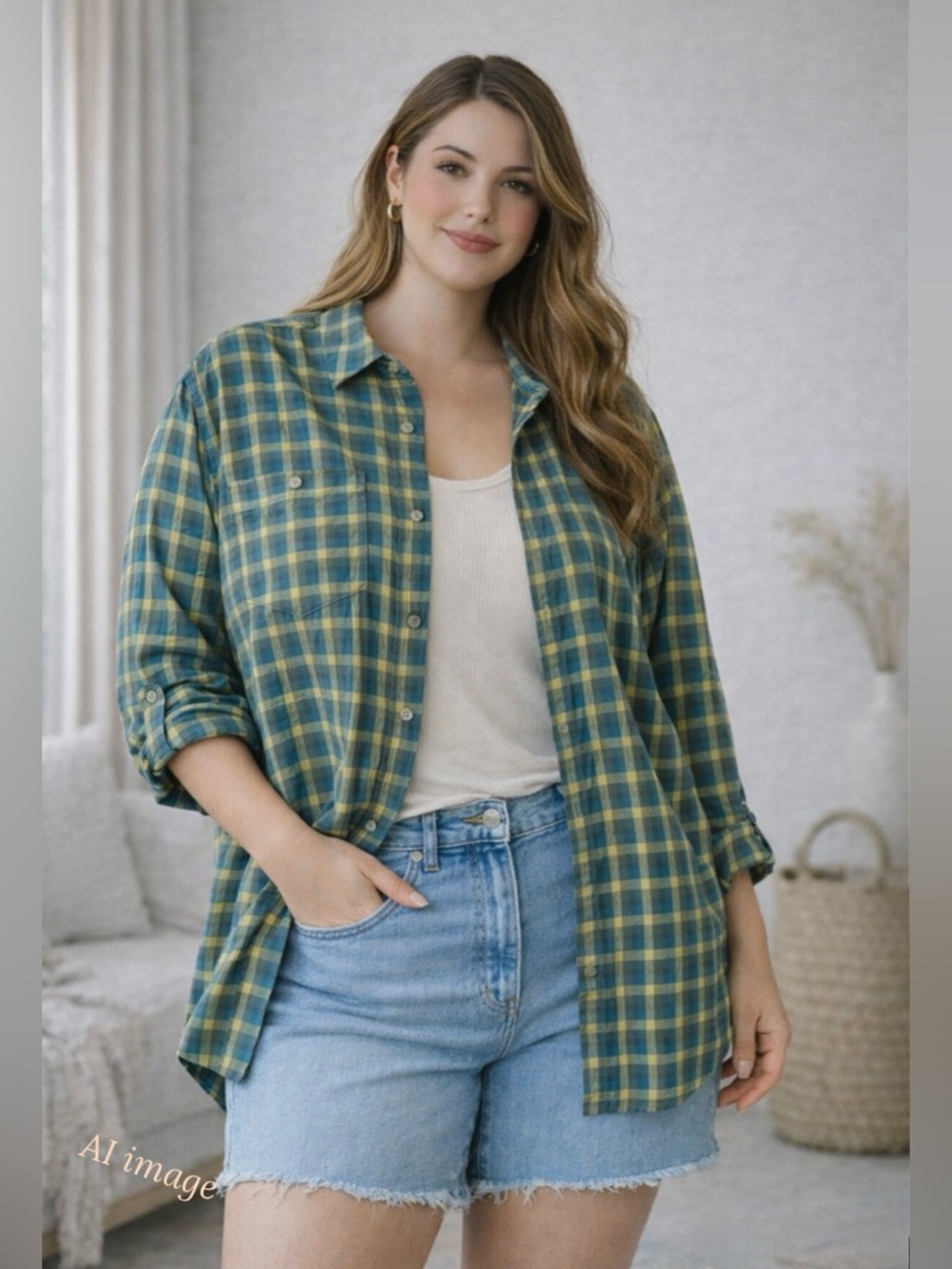 Ascend Plaid Tech Shirt Blue Green Lightweight Roll Tab XXL Oversized Outdoor